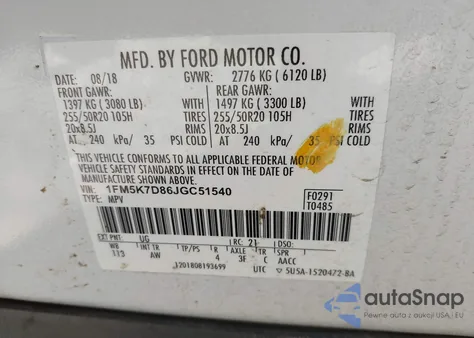 2018 Ford Explorer Xlt z USA, uszkodzony, nr VIN 1FM5K7D86JGC51540